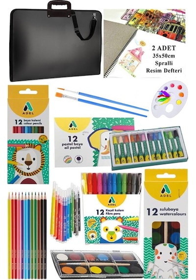 Öğrenci Boyama Seti 10 Parça 1 Paket 35x50 Resim Çantası Resim Defter Adel Sulu Boya Kuru Boya Pastel Boya Keçeli Kalem