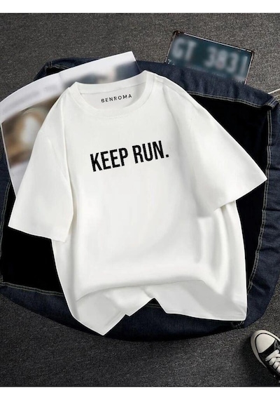 Oversıze Keep Run Baskılı Unısex Tisort Baskılı BEYAZ