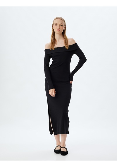Koton Midi Elbise Fitilli Kayık Yaka Yırtmaç Detaylı Slim Fit Uzun Kollu Siyah 5wal80057ık Siyah Koton Midi Elbise Fitilli Kayık Yaka Yırtmaç Detaylı Slim Fit Uzun Kollu Siyah 5wal80057ık Siyah
