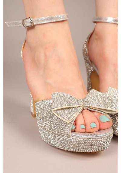 Jelly Taşlı Fiyonklu Platform Topuklu Ayakkabı Gümüş-8012 Gümüş