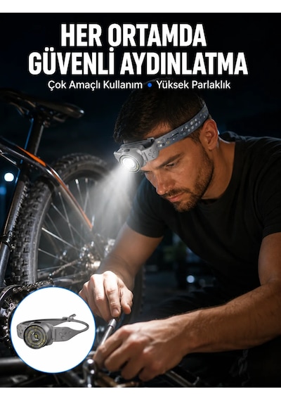 Şarj Edilebilir Kafa Feneri Kamp Tamir Ve Outdoor Kullanımına Uygun Gri