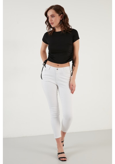 Lela Yanlardan Büzgülü Kısa Kollu Crop Bayan Bluz 5864010 Siyah