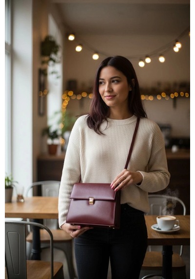 Nerasy Bordo Cilt Vintage Tasarım Kadın Omuz Çantası Bordo Cilt