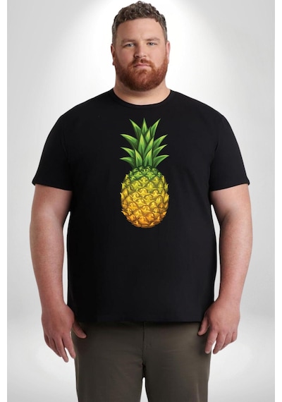 Angemiel Ananas Meyve Siyah Büyük Beden Erkek Kadın Unisex Basic Ön Baskılı Tişört Siyah