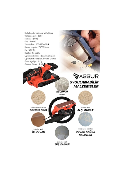 Assur 900W Elektrikli Vakumlu Tank Zımpara Makinesi - 2689