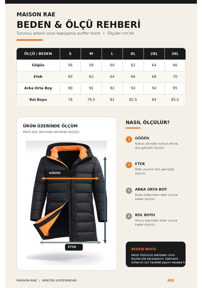 Maison Rae Erkek Uzun Puffer Mont - Parka, Rüzgar Ve Su Geçirmez,turuncu Astarlı, Kapüşonlu, Kışlık Mont Siyah