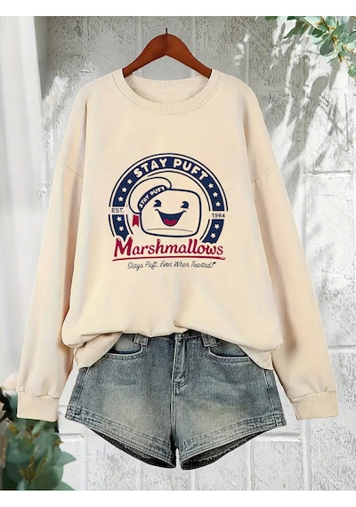 Uyguntarz Unisex Sevimli Marshmallows Baskılı Oversize Sweatshirt Bej