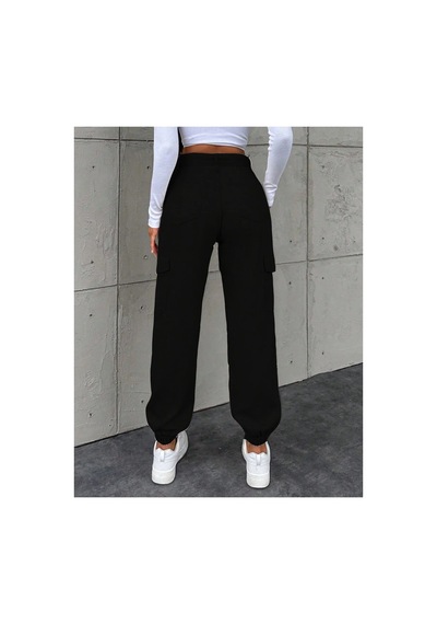 Kene Jeans Yüksek Bel Siyah Paça Lastik Kargo Cepketen Mom Pantolon Siyah