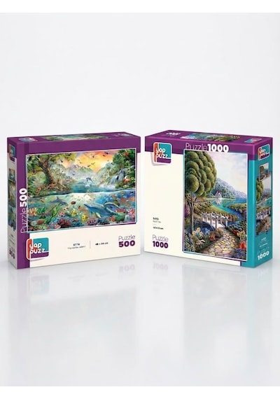 Renkli Yol Ve Hayvanlar Alemi İkili Set - 1000 + 500 Parça İkili Puzzle Seti