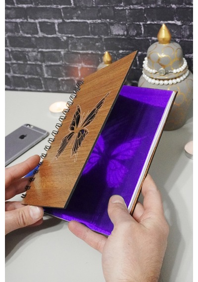 Kelebek Desenli Ahşap Defter - Ajanda - Günlük - Çizgisiz Defter Ahşap Rengi Ceviz Resim Defteri
