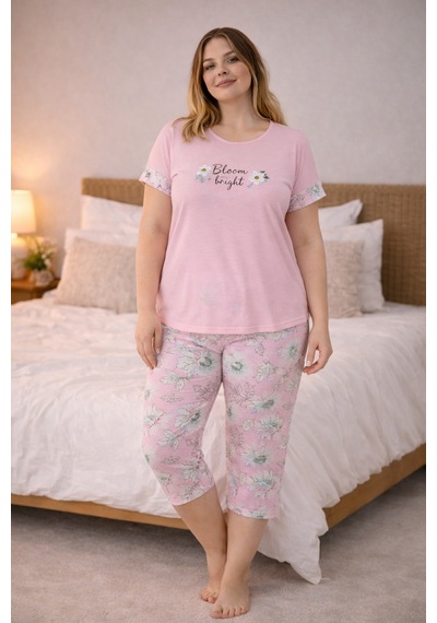 Nisanca Kadın Büyük Beden Kapri Pijama Takımı Yumuşak Dokulu, Konforlu Ev Giyimi Açık Pembe