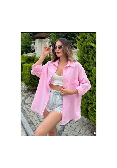 Rouge Basıc Oversize Keten Dokulu %100 Pamuk Salaş Gömlek Pembe