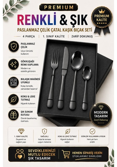 Premium Paslanmaz Çelik Çatal, Kaşık Ve Bıçak Seti Modern Siyah Renk 4 Parça