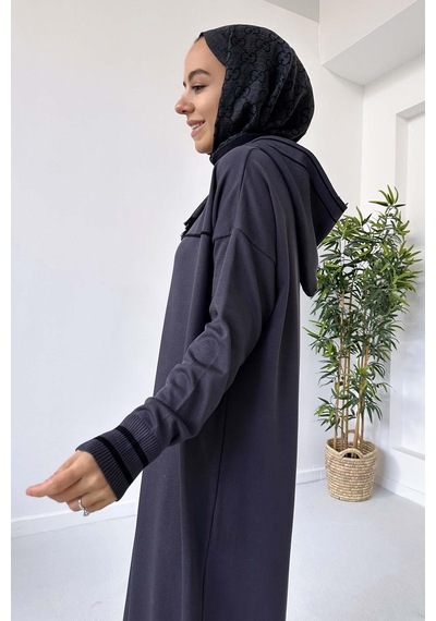 Kahijab Kapüşonlu Merserize Elbise - Füme