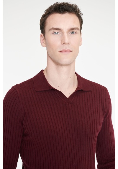 Ac&Co / Altınyıldız Classics Erkek Bordo Standart Fit Normal Kesim Polo Yaka Jakarlı Triko Kazak