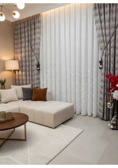 Nivemeshome Sedef 1-094p Yarı Desen Ekru 1/3 Pileli Tül Perde