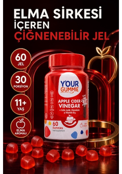 Y'our Gummie Apple Cider Vinegar Elma Sirkesi Folik Asit Krom ve B12 60 Gummies
