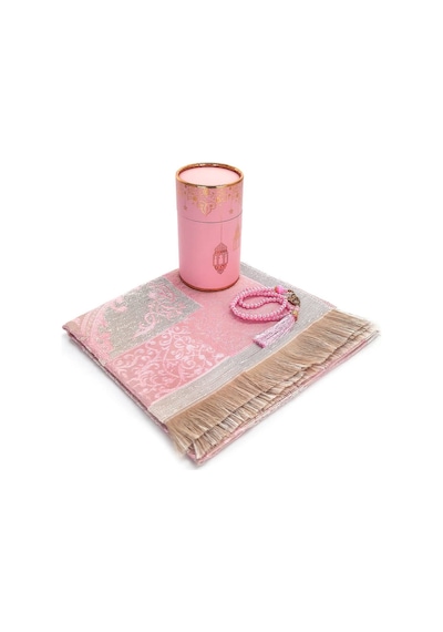 Seccadeli ve İnci Tesbihli Özel Silindir Kutulu Set Pembe