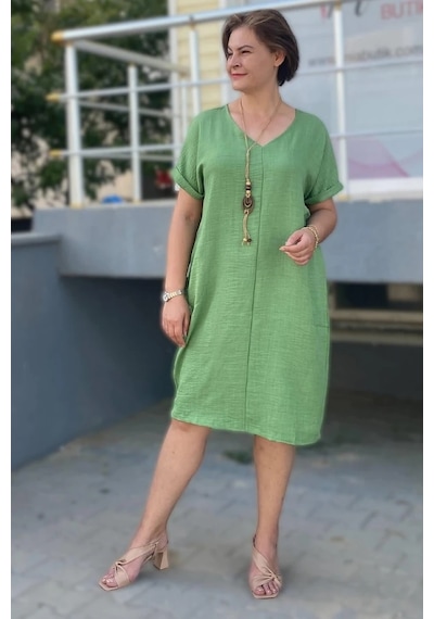 Mia Butik Büyük Beden Yeşil Kolye Hediyeli Salaş Elbise Yeşil