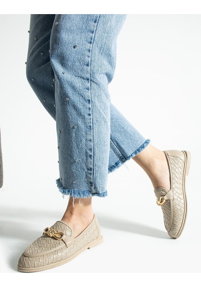 Lebibe Shoes Maby Kadın Bej Örgü Dokulu Zincir Detaylı Loafer Düz Ayakkabı Babet