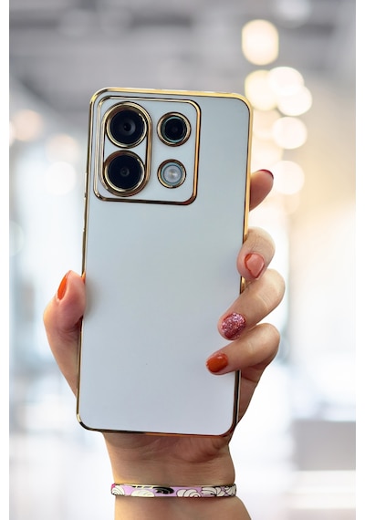 Fibaks Redmi Note 13 Pro 4G Uyumlu Kılıf Parlak Kenarlı Altın Işlemeli Kamera Korumalı Kapak Beyaz