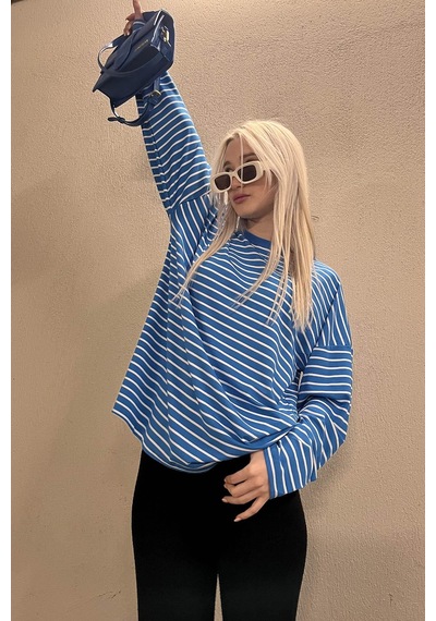 Madmext Mavi Çizgili Sweatshirt Mg980 Mavi