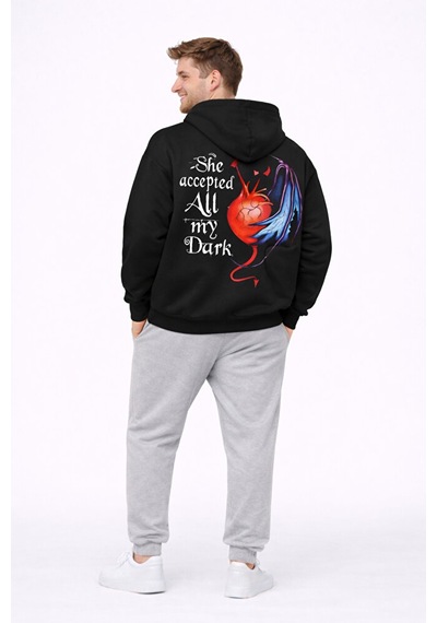 Sevgili Kombini Melek Şeytan Kalp Baskılı Oversize Hoodie Seti Ka Siyah