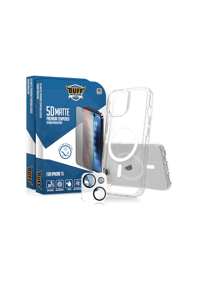 Buff Apple iPhone Uyumlu  15 - 2x5d Ekran Koruyucu + Magsafe Kılıf + Lens Koruyucu Matte Mat