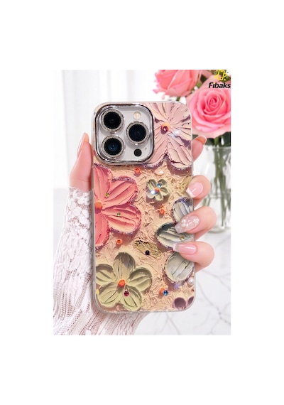 Fibaks iPhone 16 Pro Max Uyumlu Kılıf Renk Değiştiren Taşlı Kamera Lens Korumalı Parlak Pembe Çiçek Desenli