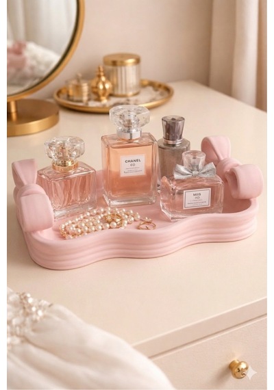 Fiyonk Detaylı Estetik Dekoratif Tepsi - 3d Baskı Modern Takı Ve Makyaj Organizeri 15x22 Cm Pembe