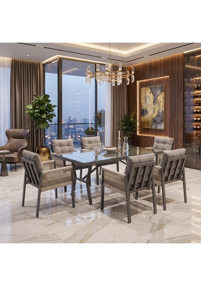 Viro Rattan Bahçe Masa Takımı 100x200 6 Kişilik Rehome Gri