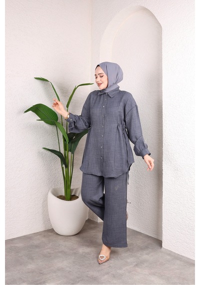 Hira Life Fashion Kadın Çilek Kumaş Gömlek Yaka Önü Düğmeli Yandan Bağcıklı Gömlek Tunik-pantolon İkili Takım Gri Gri