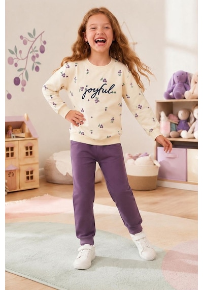 Pina Kids Kız Çocuk Kirazlı Desenli Okul Günlük Eşofman Takımı Esf7034 Mürdüm