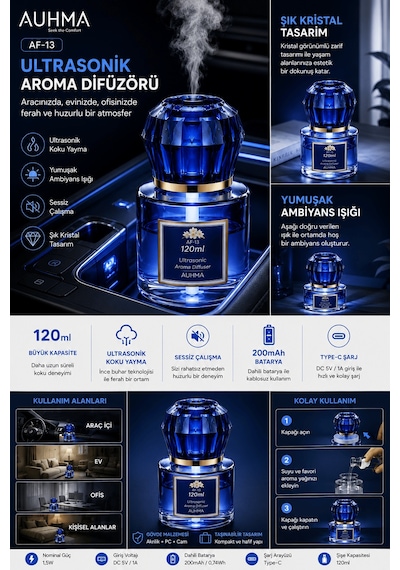 Auhma Af-13 120ml Şarjlı Ultrasonik Araç Koku Difüzörü Mavi Ambiyans Işıklı Forest Esans Aroma Yayıcı