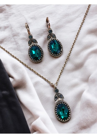 Kristal Taşlı Oval Kesim Kolye Ve Küpe Seti Yeşil