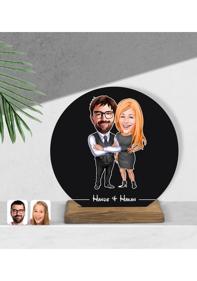 Kişiye Özel Sevgililer Karikatürlü Yuvarlak Ahşap Biblo-100