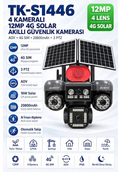 Tk-s1446 12mp 4 Kameralı 3 Ptz 4g Solar Aov Sürekli Kayıtlı Güvenlik Kamerası