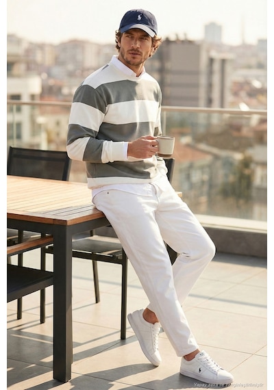 Buratti Pamuklu Çizgili Regular Fit Bisiklet Yaka Erkek Sweat 5905790 Açık Haki