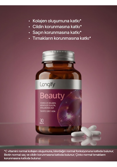 Longify Beauty Hidrolize Kolajen Tip 1 Ve Tip 3, Hidrolize Elastin, Hyaluronik Asit, Biotin, Vitamin C, Çinko, Bakır Takviye Edici Gıda 30 Tablet