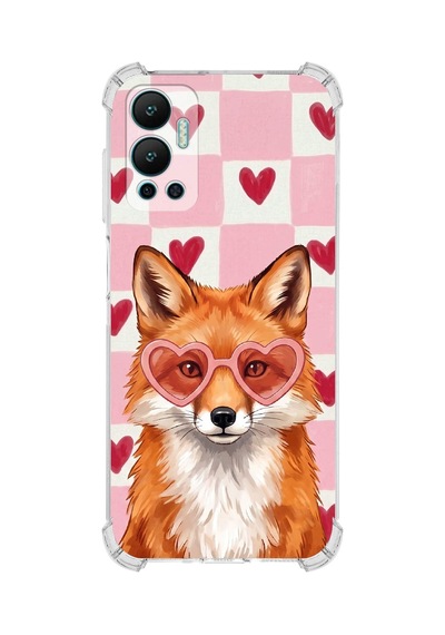 Printify İnfinix Hot 12 İle Uyumlu Pembe Pötikare Serisi Tatlı Kurnaz Tasarımlı Uv Baskılı Köşe Korumalı Antişok Kılıf Şeffaf