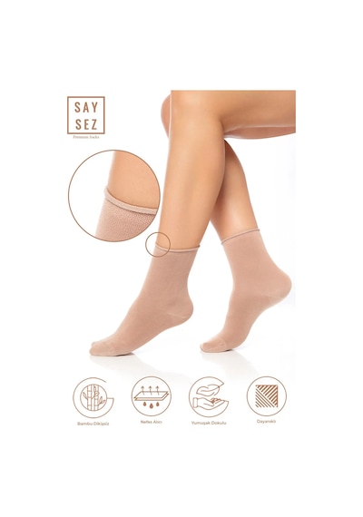 Saysez Bambu Kadın Lastiksiz Bej-vizon Soket Dikişsiz Premium Çorap / Iz Bırakmaz / Sıkmayan Çorap Renkli