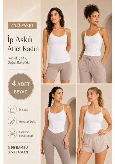 Loule Kadın 4'lü İp Askılı Atlet Beyaz Bambu