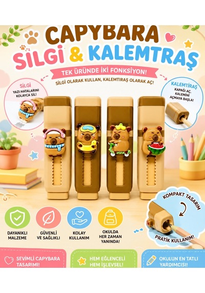 Capybara Figürlü 2'si 1 Arada Silgi Kalemtraş Sevimli Kırtasiye Ürünü İster 1 İster 2 İster 3 Adet A