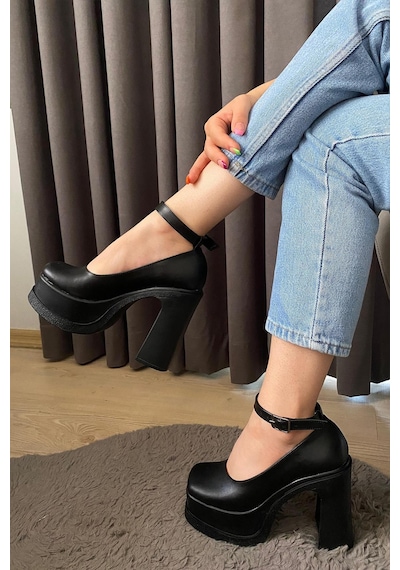 Preshley Kadın Elanor Siyah Deri Bilekten Bağlamal 12 Cm Platform Topuklu Ayakkabı-siyah Siyah