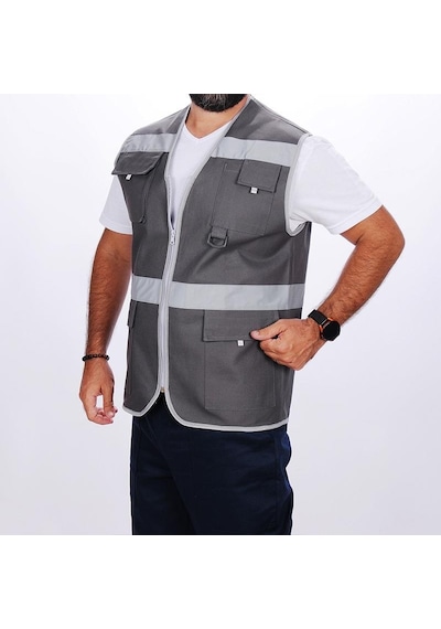 İşçi Çok Cepli Reflektörlü Alet Yeleği Gri 001