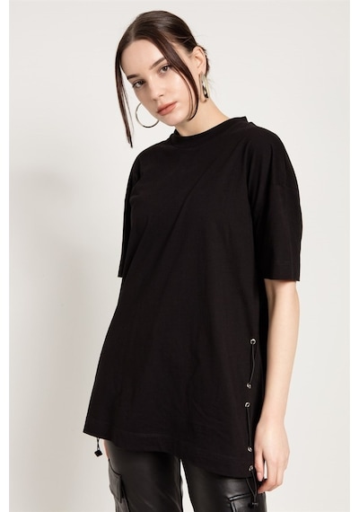 Jahr Marc Yanları Lastikli Oversize Siyah T-Shirt Elbise