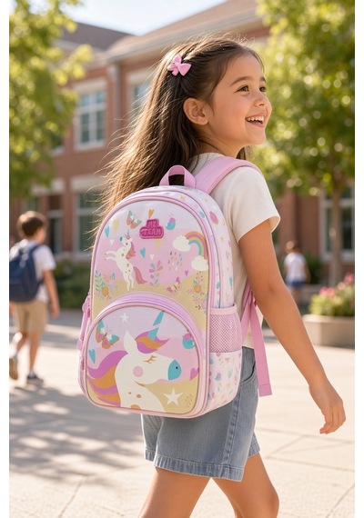 Kız Çocuk İlkokul Sırt Çantası Pegasus Unicorn Baskılı 3 Bölmeli 16l Matara Cepli 39x29x16cm Çok Renkli