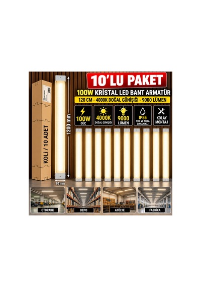 10 Lu Paket Kristal Desenli Beyaz 120 Cm Led Armatür 4000k Doğal Gün Işığı Sarı - 941473988 Sarı