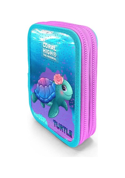 Coral High Kids Açık Pembe Mavi Kaplumbağa Desenli Çift Katlı Kalem Çanta 11134 Çok Renkli