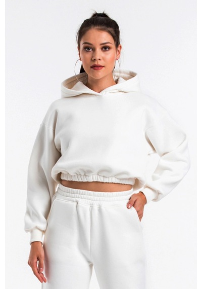 Caya Kadın Ekru Renk Kapüşonlu Crop Kesim Sweatshirt Cy84196 Beyaz Beyaz